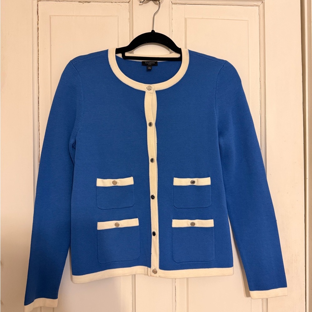 Talbots Blue & Ivory Button Front Cardigan Sweater | Classic Preppy Style